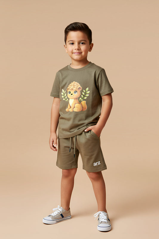 ARZ Oversized Tee & Shorts Set – Olive Green – Boys